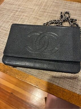 CHANEL Black Quilted Caviar Leather Wallet on Chain with Silver-Tone Chain Strap
